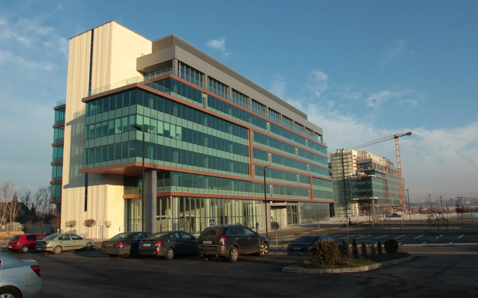 Multi-building contemporary business park complex with modern architecture